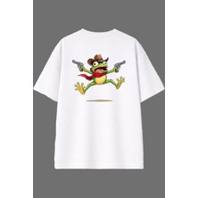 Vsrn Kovboy Kurbağa Tasarım Arka Baskılı Beyaz Oversize T Shirt