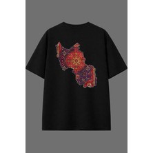 Vsrn Parçalı Etnik Halı Tasarım Arka Baskılı Siyah Oversize T Shirt