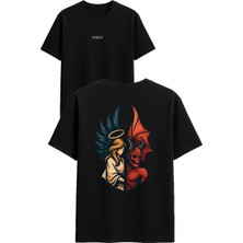 Vsrn Melek ve Şeytan Tasarım Baskılı Siyah Oversize T Shirt