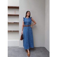 Esra Helvacı Kemerli Fırfır Detay Denim Elbise