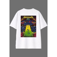 Vsrn Uzaylı Metalika Tasarım Arka Baskılı Beyaz Oversize T Shirt
