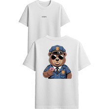 Vsrn Donat Yiyen Ayı Tasarım Baskılı Beyaz Oversize T Shirt