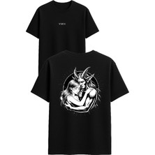 Vsrn Güneş Içinde Şeytan Tasarım Baskılı Siyah Oversize T Shirt