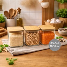 Nesto Home 3'lü 1000 ml Ahşap Kapaklı Silikon Contalı Plastik Saklama Kabı Seti Hava Geçirmez Bakliyat Kabı