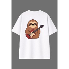 Vsrn Tembel Hayvan Tasarım Arka Baskılı Beyaz Oversize T Shirt