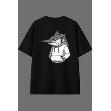 Vsrn Kılıç Balığı Tasarım Arka Baskılı Siyah Oversize T Shirt