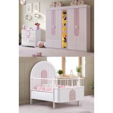 Setay Vira Çocuk Odası, Venüs Büyüyen Beşik, Vira 4 Kapaklı Kitaplıklı Dolap, 4 Çekmeceli Şifonyer - Pembe