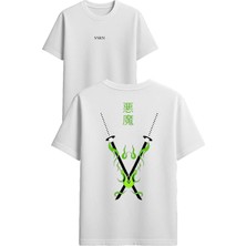 Vsrn Kılıç Samuray Tasarım Baskılı Beyaz Oversize T-Shirt