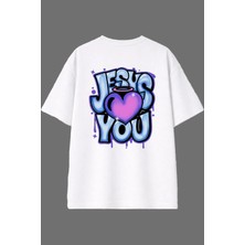 Vsrn Jesus Tasarım Arka Baskılı Beyaz Oversize T Shirt