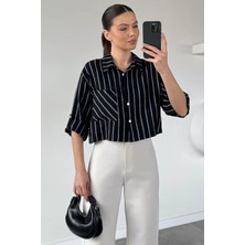 Gülseli Kadın Çizgili Crop Top Gömlek P-00020932
