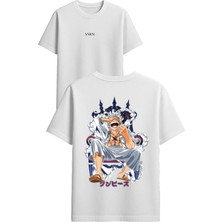 Vsrn Kahkaha Atan Anime Tasarım Baskılı Beyaz Oversize T Shirt