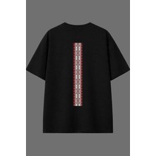 Vsrn Desenli Çizgi Tasarım Arka Baskılı Siyah Oversize T Shirt