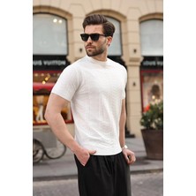 Madmext Beyaz Bisiklet Yaka Slim Fit Triko Erkek Tişört E7466