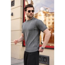 Madmext Antrasit Bisiklet Yaka Slim Fit Triko Erkek Tişört E7466