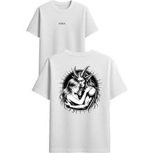 Vsrn Güneş Içinde Şeytan Tasarım Baskılı Beyaz Oversize T Shirt