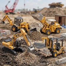 Mj Toys Diecast Oyuncak Metal Inşaat Araçları,iş Makineleri Seti Kepçe Bulldozer Forklift 4'lü Set Kutulu
