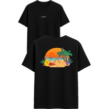 Vsrn Sahil Manzara Tasarım Baskılı Siyah Oversize T Shirt