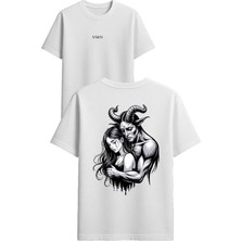 Vsrn Şeytan ve Kadın Tasarım Baskılı Beyaz Oversize T Shirt