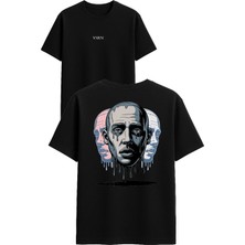 Vsrn 3 Yüzlü Adam Tasarım Baskılı Siyah Oversize T Shirt