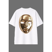 Vsrn Altın Maske Tasarım Arka Baskılı Beyaz Oversize T Shirt