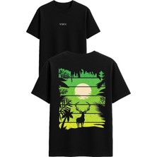 Vsrn Geyik Orman Tasarım Baskılı Siyah Oversize T Shirt