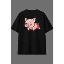 Vsrn Şınav Domuz Tasarım Arka Baskılı Siyah Oversize T Shirt