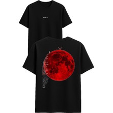 Vsrn Kırmızı Ay Tasarım Baskılı Siyah Oversize T Shirt