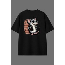 Vsrn Tehlikeli Fare Tasarım Arka Baskılı Siyah Oversize T Shirt