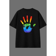Vsrn Renkli El Tasarım Arka Baskılı Siyah Oversize T Shirt