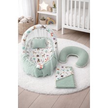 Jaju Baby Yeşil Örgü Pike Kumaş ve Orman Kumaş Ponponlu 6 Parça Babynest Set