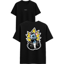 Vsrn Havalı Fare Tasarım Baskılı Siyah Oversize T Shirt