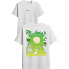 Vsrn Geyik Orman Tasarım Baskılı Beyaz Oversize T Shirt
