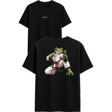 Vsrn Kung Fu Kurbağa Tasarım Baskılı Siyah Oversize T Shirt