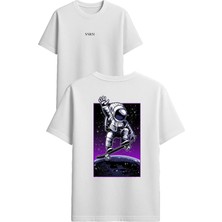 Vsrn Kaykaycı Astronot Tasarım Baskılı Beyaz Oversize T-Shirt
