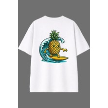 Vsrn Surfçü Ananas Tasarım Arka Baskılı Beyaz Oversize T Shirt