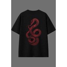 Vsrn Kırmızı Yılan Tasarım Arka Baskılı Siyah Oversize T Shirt