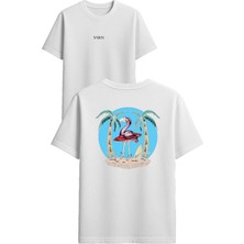 Vsrn Flamıngo Tasarım Baskılı Beyaz Oversize T-Shirt