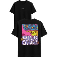 Vsrn Wıld Story Tasarım Baskılı Siyah Oversize T Shirt