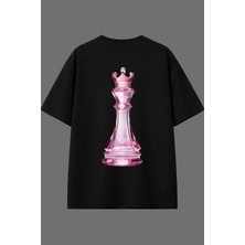 Vsrn Pembe Porselen Şah Tasarım Arka Baskılı Siyah Oversize T Shirt