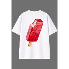 Vsrn Isırılmış Dondurma Tasarım Arka Baskılı Beyaz Oversize T Shirt
