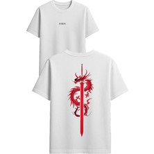 Vsrn Kırmızı Kılıç Tasarım Baskılı Beyaz Oversize T-Shirt