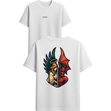 Vsrn Melek ve Şeytan Tasarım Baskılı Beyaz Oversize T-Shirt