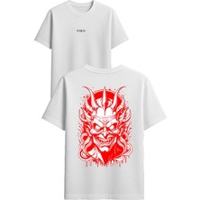 Vsrn Kırmızı Şeytan Tasarım Baskılı Beyaz Oversize T Shirt