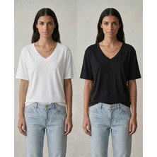Cng Moda Ikili Basic Penye Modal Relaxed V Yaka T-Shirt Set
