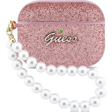 Airpods Pro 3 Uyumlu Kılıf Guess Lisanslı Glitter Yazı Logolu Inci Tasarım Bilek Askılı Pembe