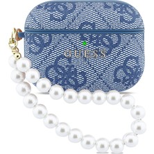 Airpods Pro 3 Uyumlu Kılıf Guess Lisanslı Klasik Yazı Logolu 4g Desenli Inci Bilek Askılı Mavi