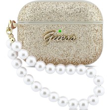 Airpods Pro 3 Uyumlu Kılıf Guess Lisanslı Glitter Yazı Logolu Inci Tasarım Bilek Askılı Gold