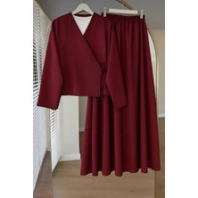 İmaj Butik Bordo Yandan Bağlamalı Dabıl Kimono Etekli Takım