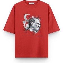 Overoz Atatürk Baskılı Yarı Oversize Oversize Unisex T-Shirt 1236