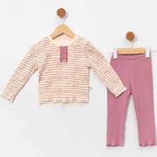 by BebekOdam Kız Bebek Ekru Mor Fiyonklu Desenli 2'li Takım - 1016192